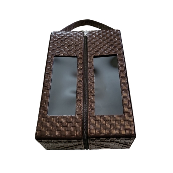 Double Wine Bottle Leather Look Carrier Case dark chocolate brown woven material - Picture 4 of 6